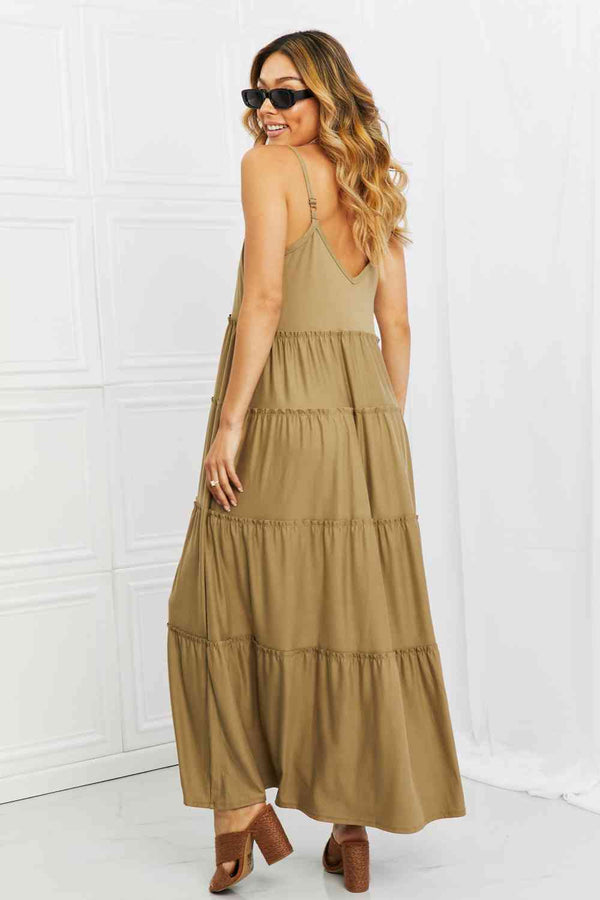Zenana Full Size Spaghetti Strap Tiered Dress with Pockets in Khaki -BazaarBey - www.shopbazaarbey.com