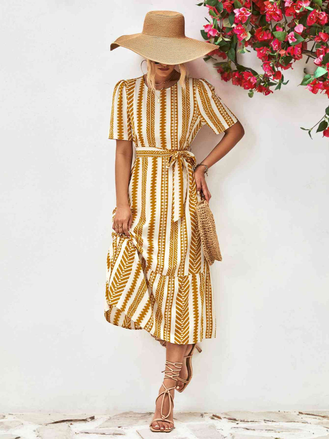 Striped Tie Belt Round Neck Puff Sleeve Dress -BazaarBey - www.shopbazaarbey.com