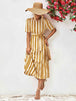 Striped Tie Belt Round Neck Puff Sleeve Dress -BazaarBey - www.shopbazaarbey.com