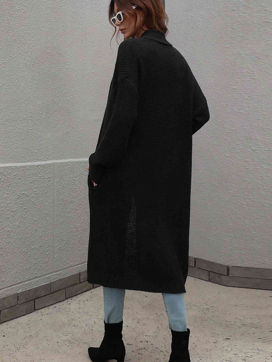  Waffle Knit  Duster Cardigan With Pockets Trendsi
