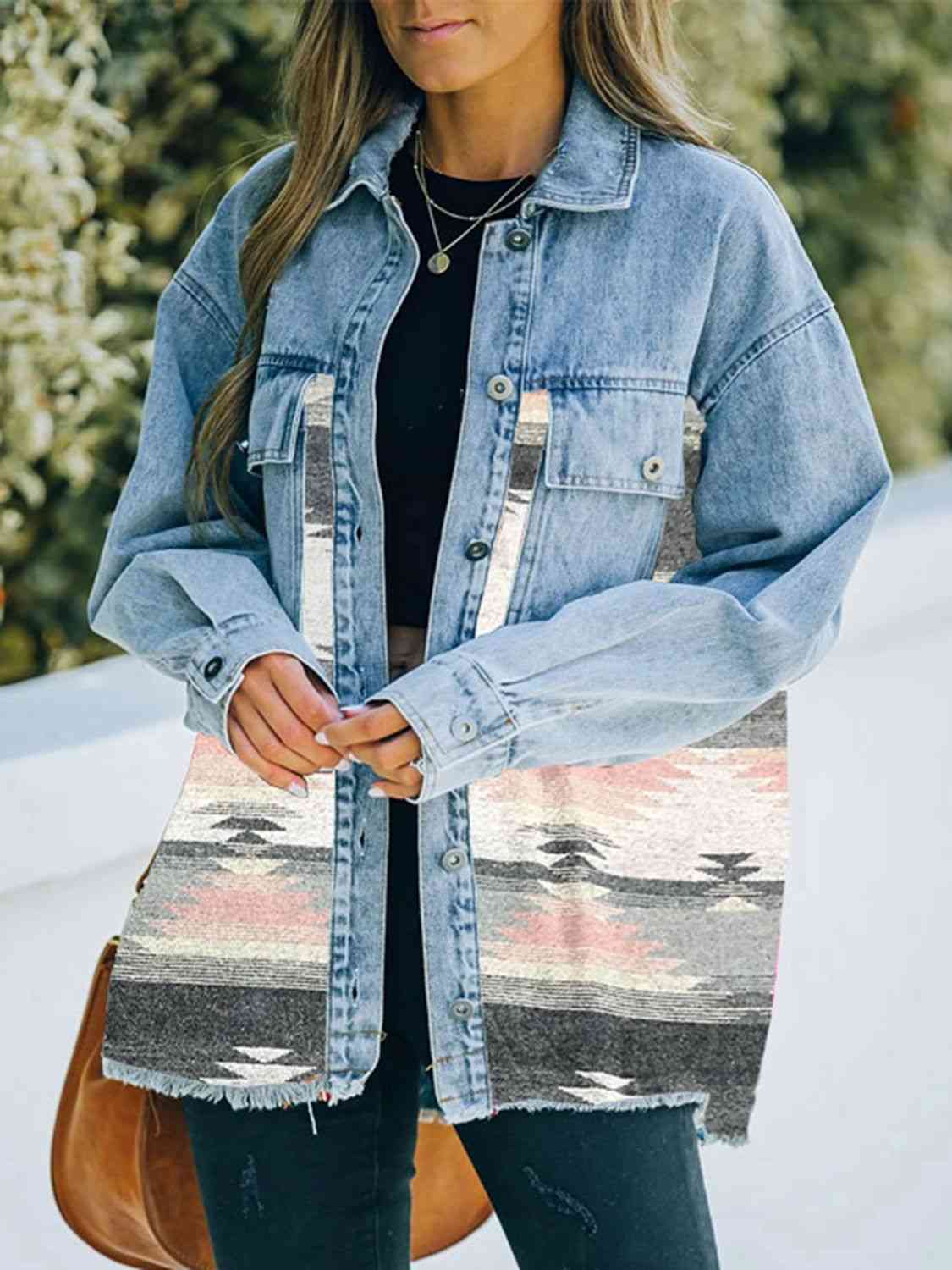 Collared Neck Dropped Shoulder Denim Jacket Bazaarbey