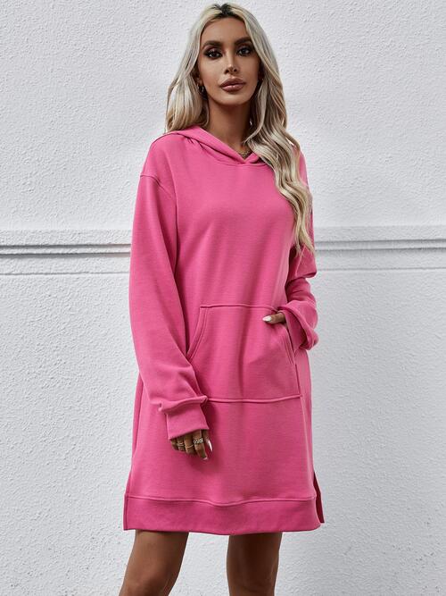 Slit Long Sleeve Hooded Dress with Pocket -BazaarBey - www.shopbazaarbey.com