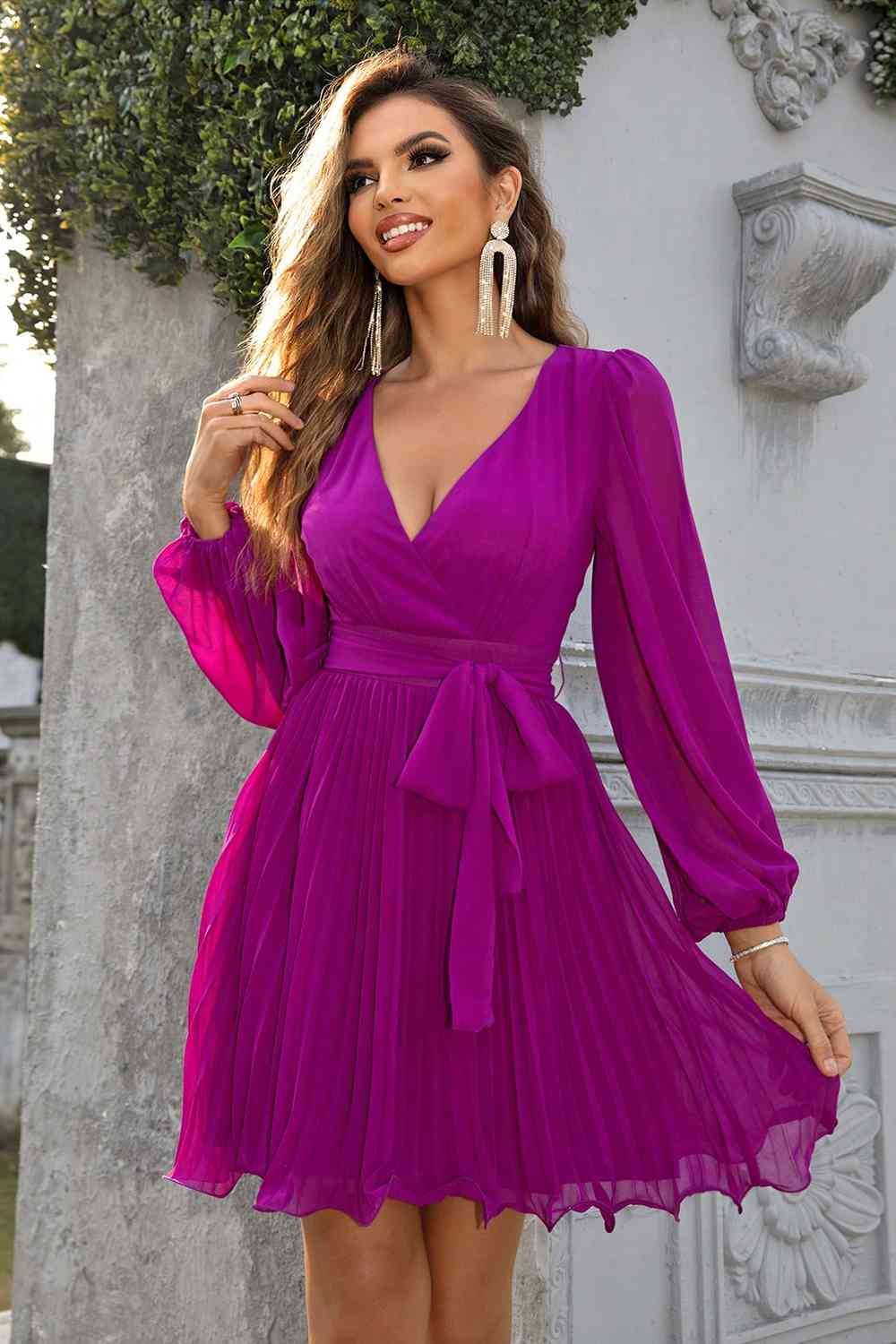 Tied  Neck Pleated Dress -BazaarBey - www.shopbazaarbey.com