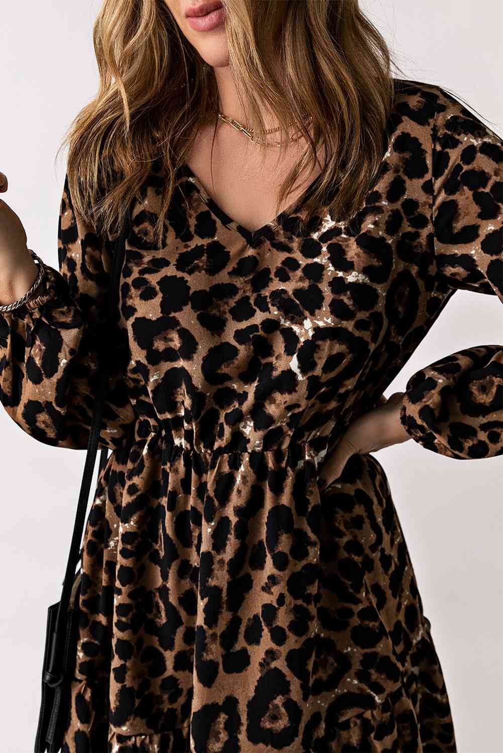 Leopard V-Neck Balloon Sleeve Tiered Dress -BazaarBey - www.shopbazaarbey.com