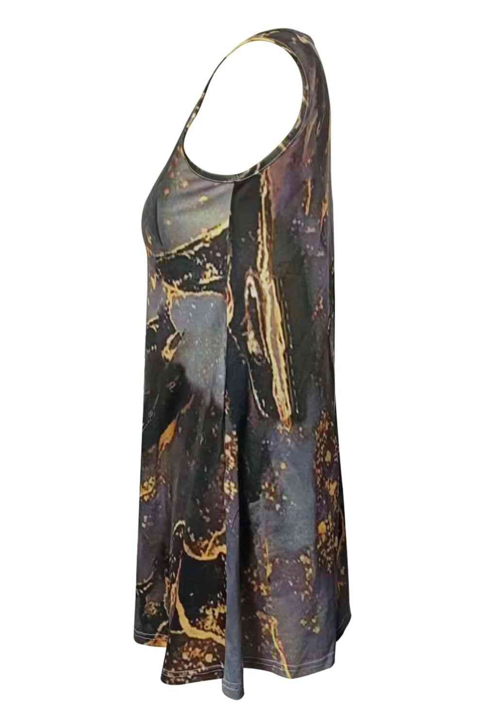 Abstract Print Round Neck Sleeveless Dress with Pockets -BazaarBey - www.shopbazaarbey.com