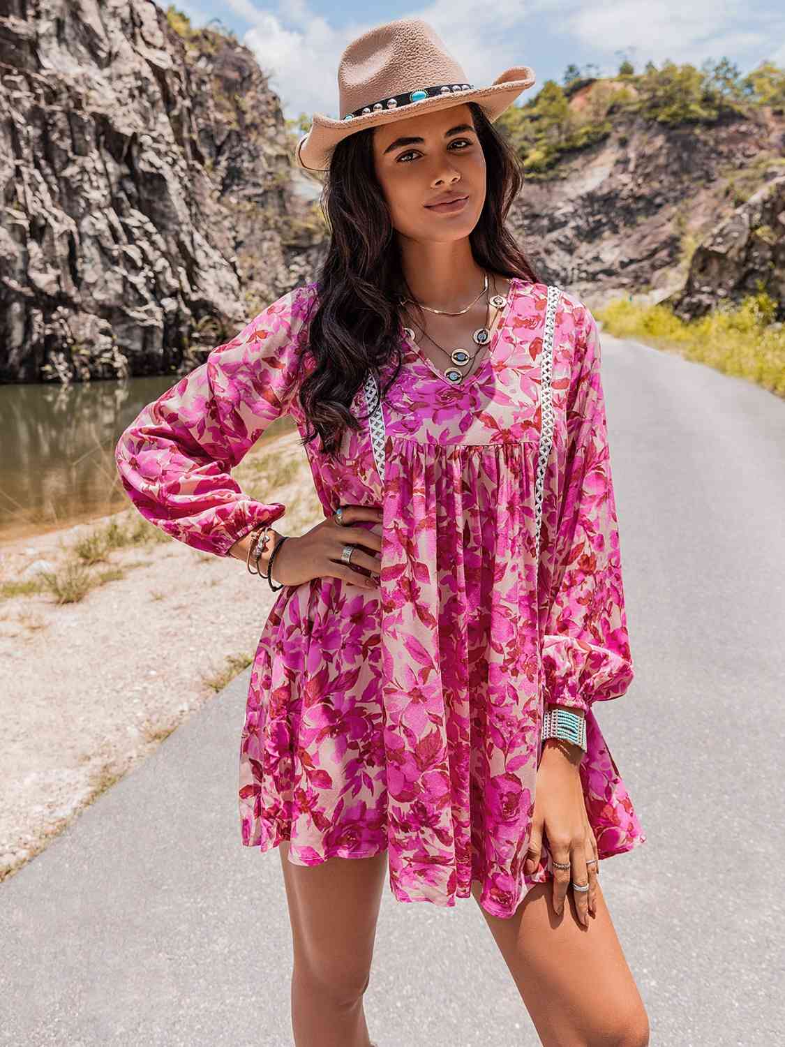 Long Sleeve V-Neck Mini Dress -BazaarBey - www.shopbazaarbey.com