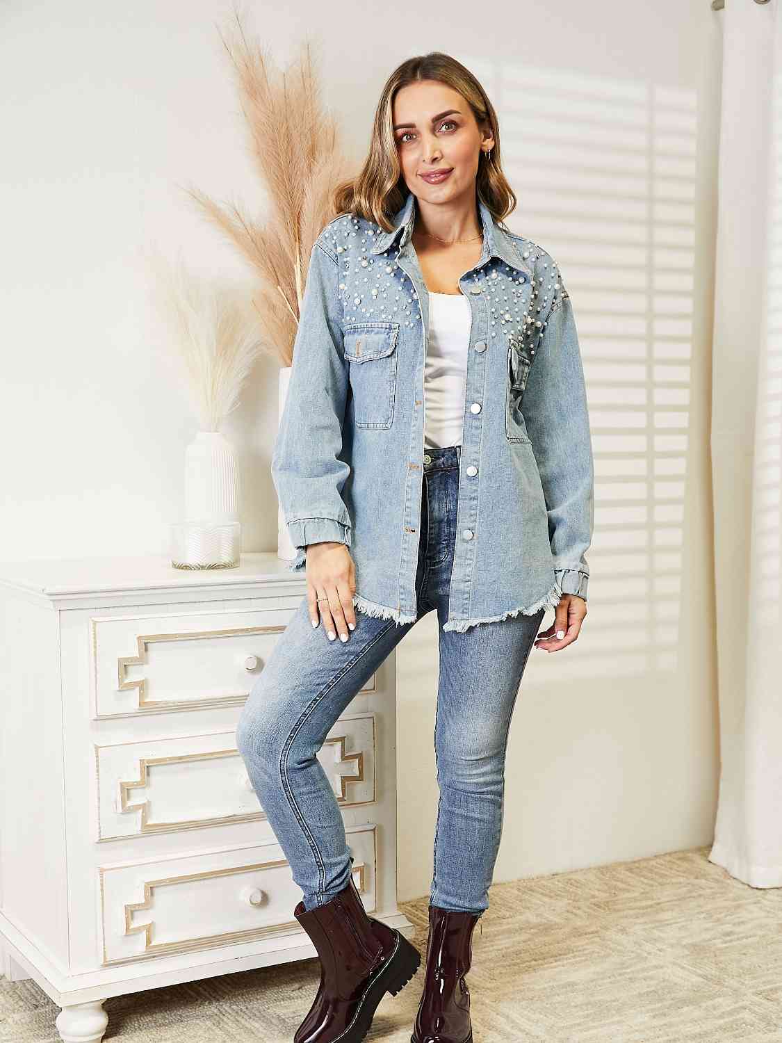 Collared Neck Raw Hem Dropped Shoulder Denim Jacket Bazaarbey