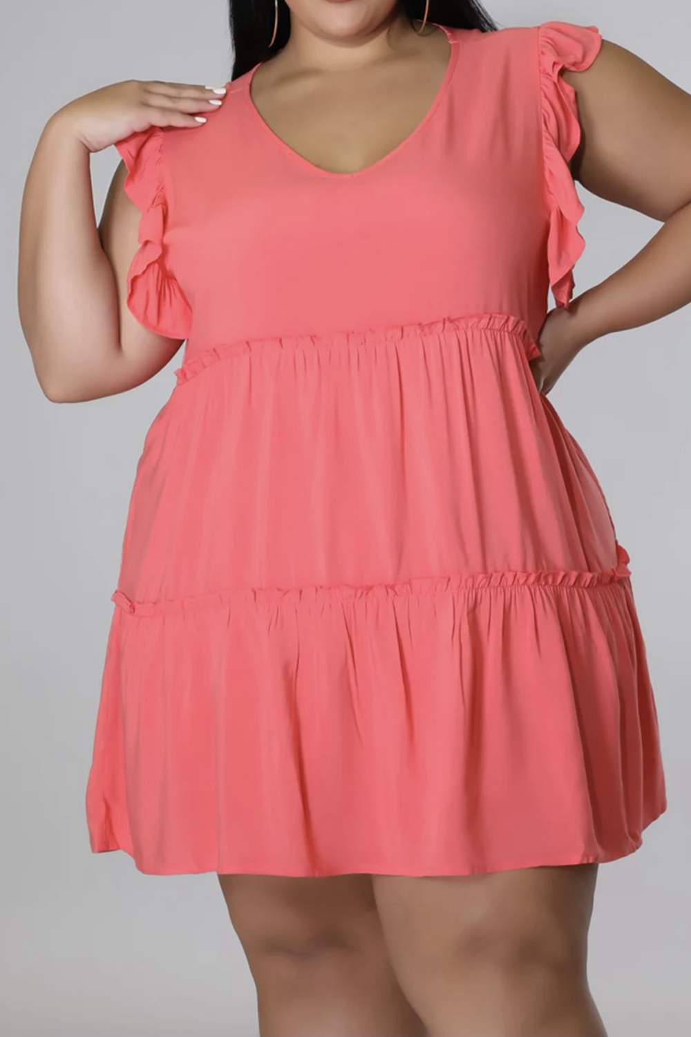 Plus Size V-Neck Frill Trim Mini Dress -BazaarBey - www.shopbazaarbey.com