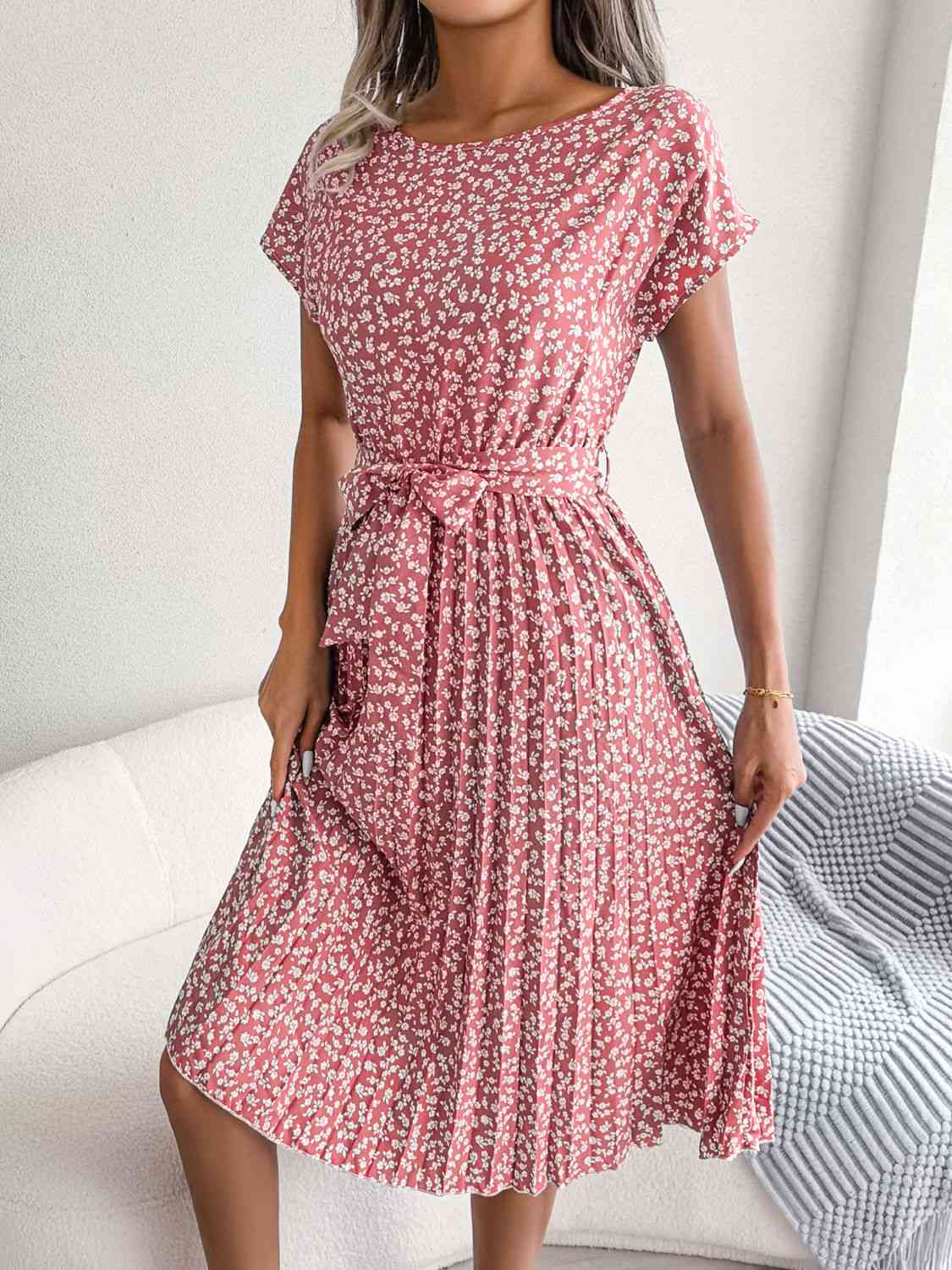  Floral Pleated Belted Dress -BazaarBey - www.shopbazaarbey.com