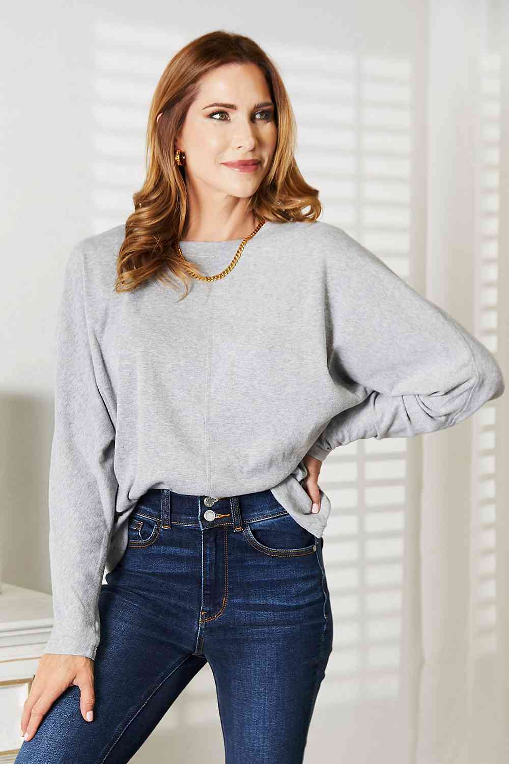  Seam Detail Round Neck Long Sleeve Top Trendsi
