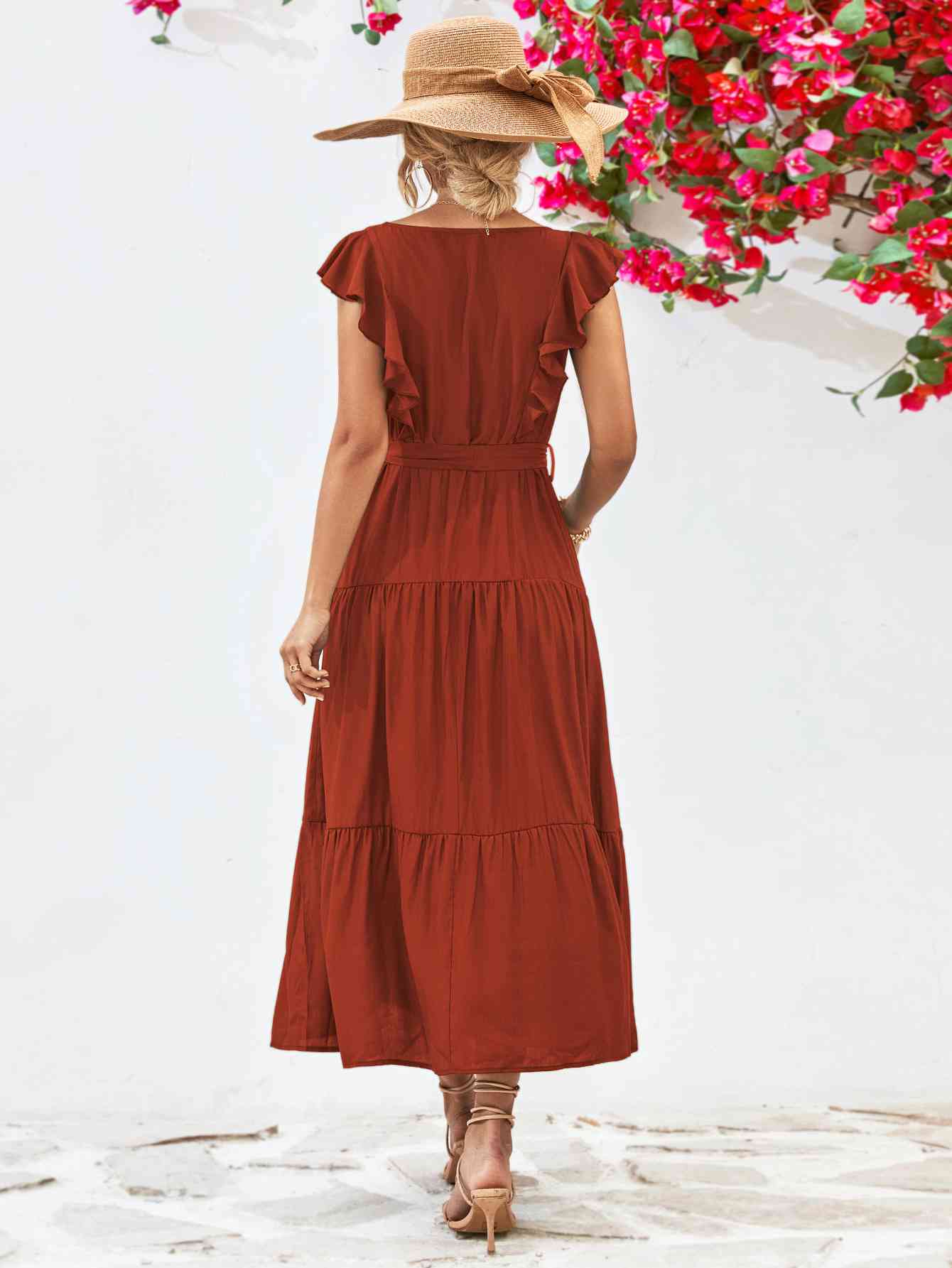 Tie Belt Ruffled Tiered Dress -BazaarBey - www.shopbazaarbey.com