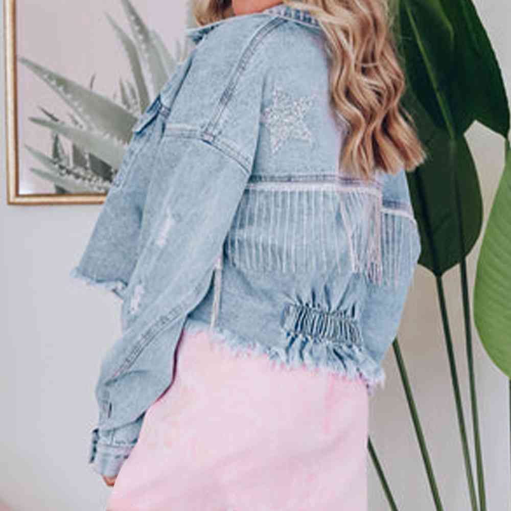 Distressed Raw Hem Denim Jacket Bazaarbey