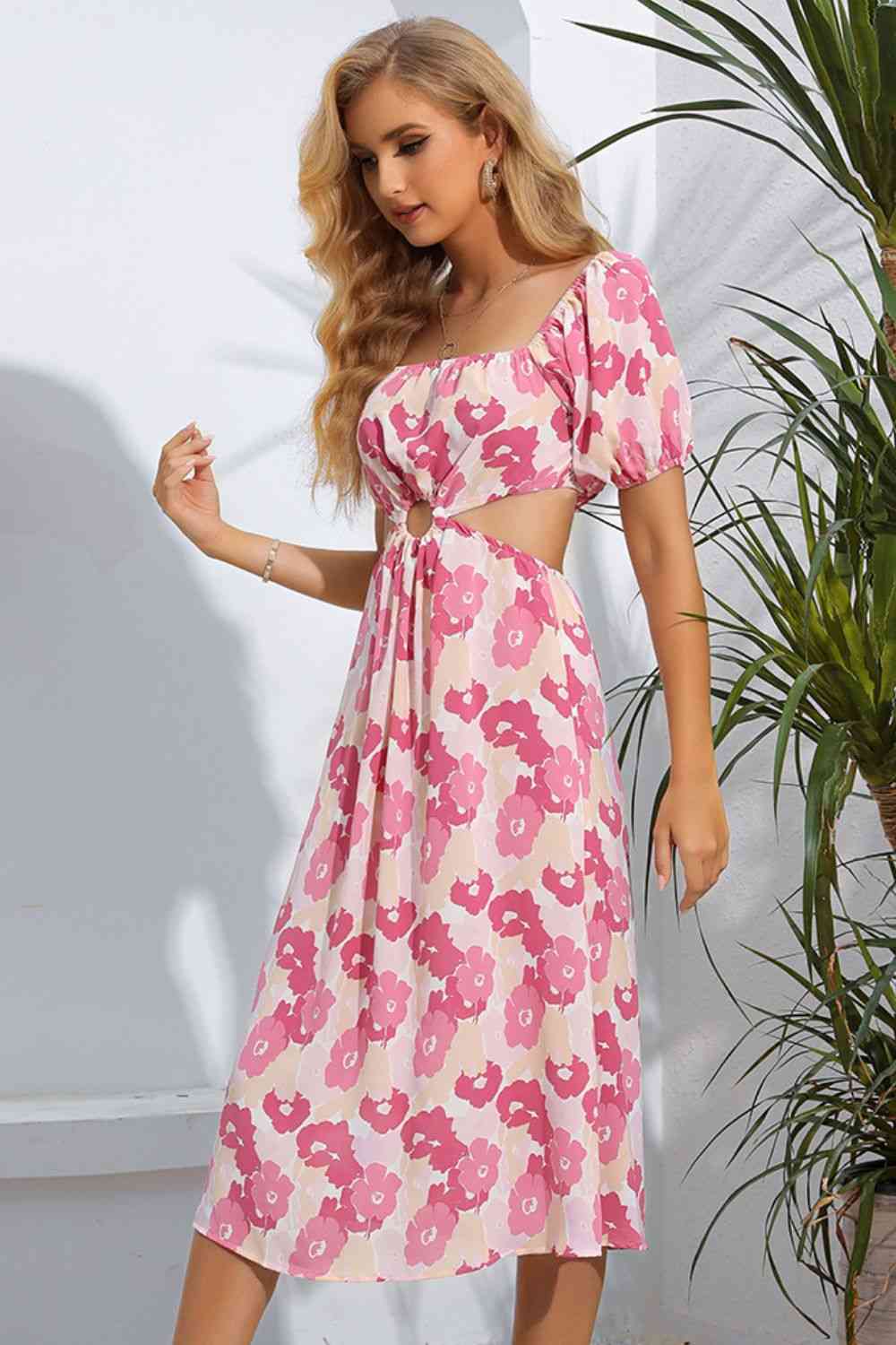 Floral Cutout Square Neck Puff Sleeve Dress -BazaarBey - www.shopbazaarbey.com