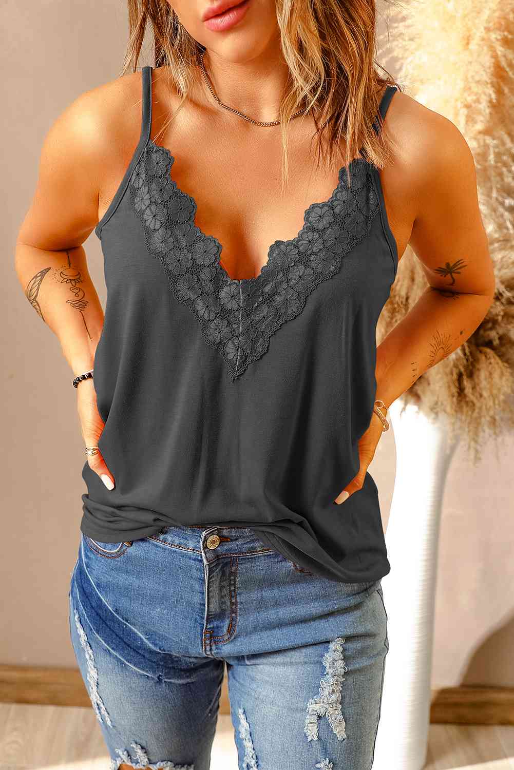 Full Size Lace Trim V-Neck Cami Top Bazaarbey