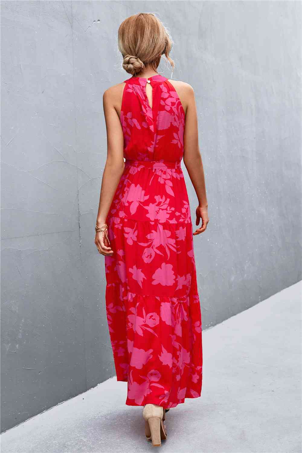 Printed Sleeveless Tie Waist Maxi Dress Bazaarbey