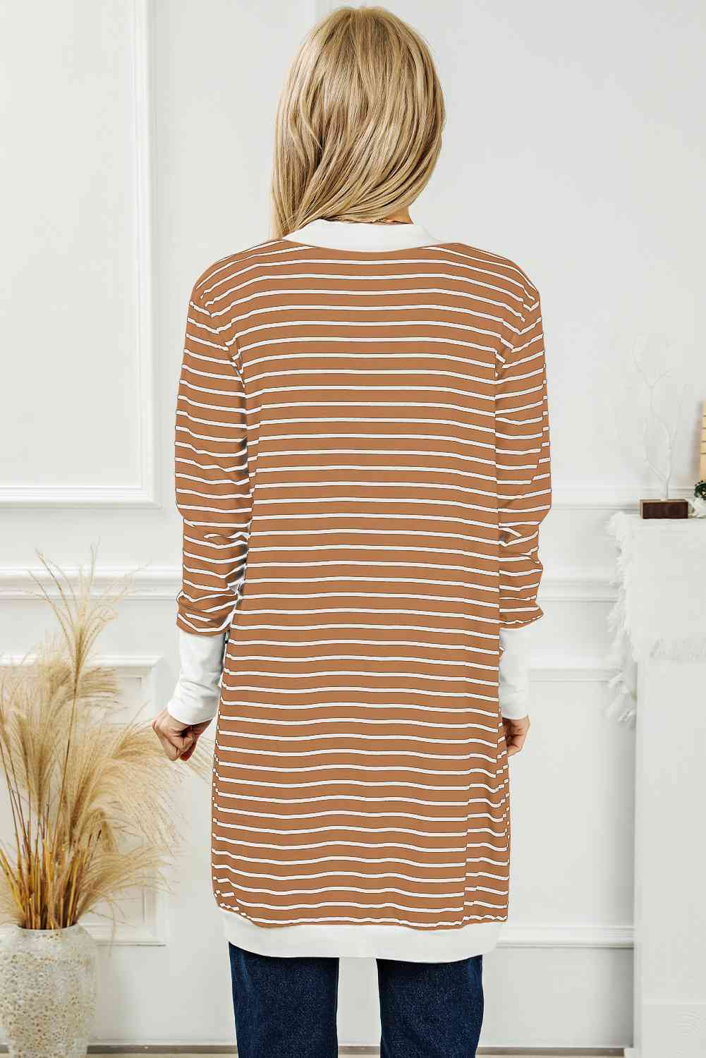 Striped Open Front Longline Cardigan Trendsi