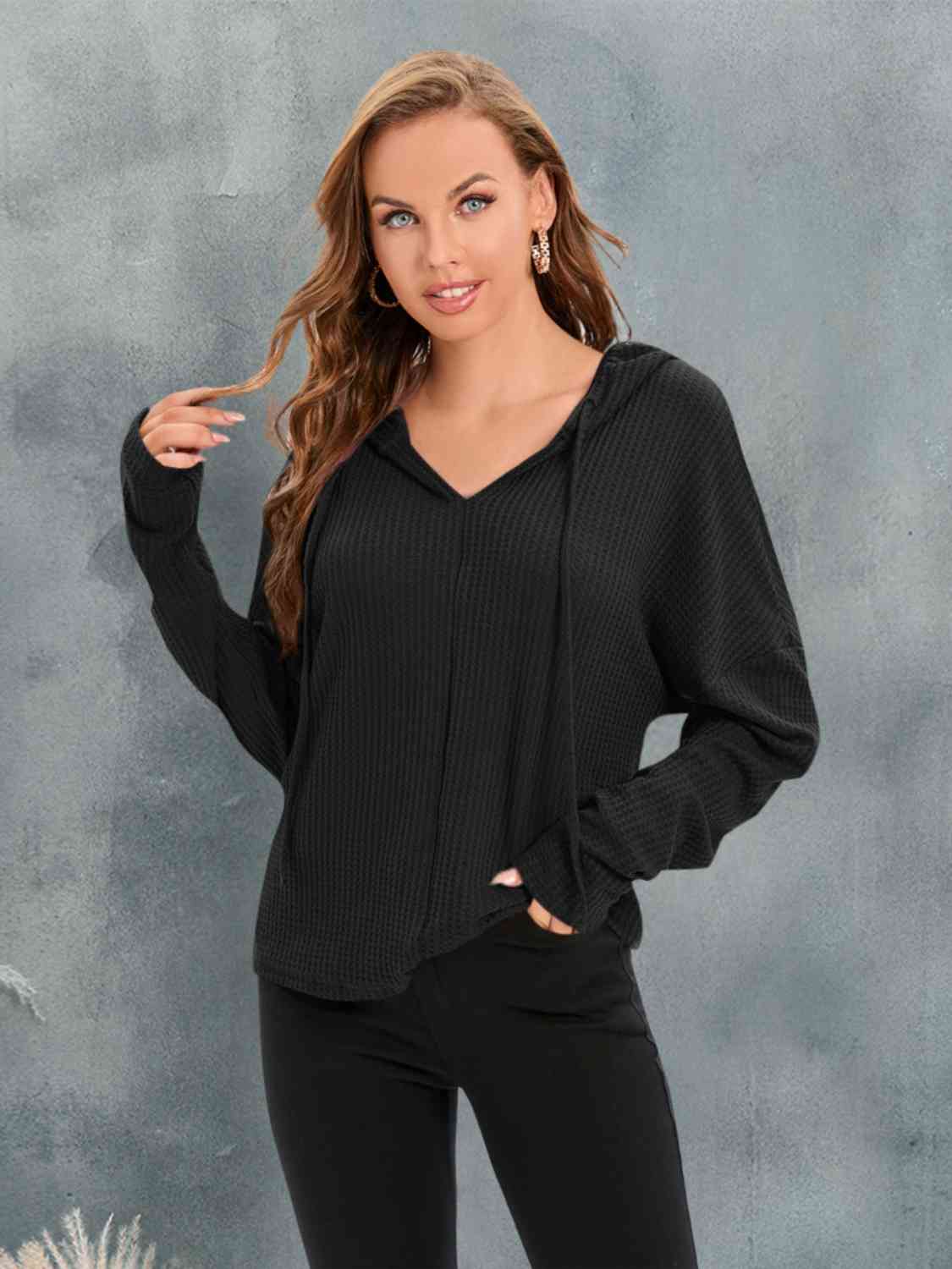 Waffle-Knit Drawstring Drop Shoulder Hoodie Trendsi