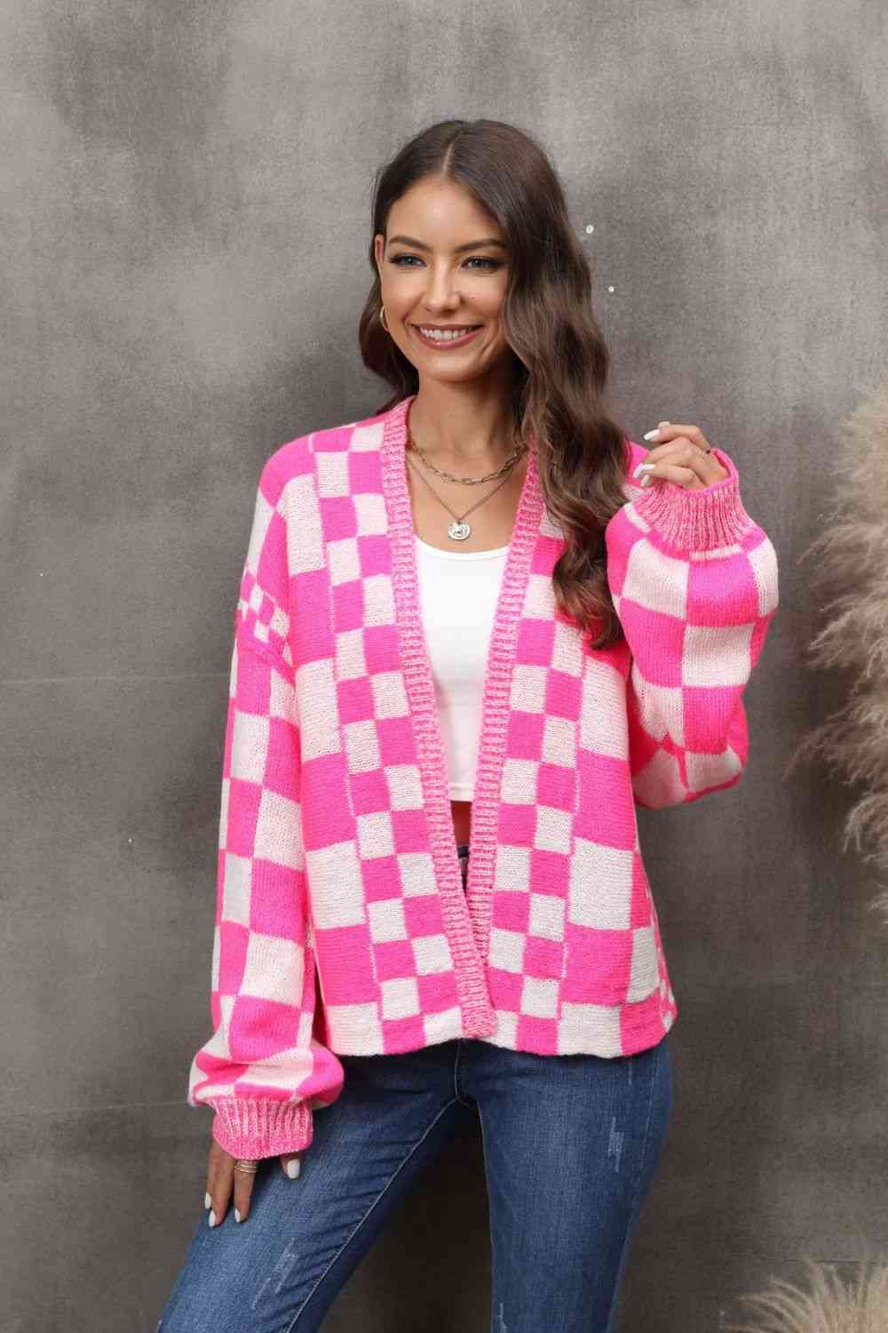 BazaarBey Checkered Open Front Drop Shoulder Cardigan Bazaarbey