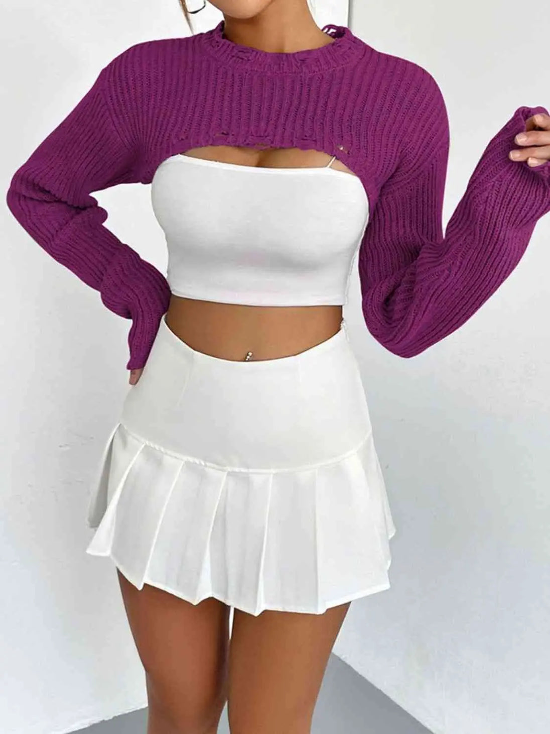 Distressed Long Sleeve Cropped Sweater Trendsi