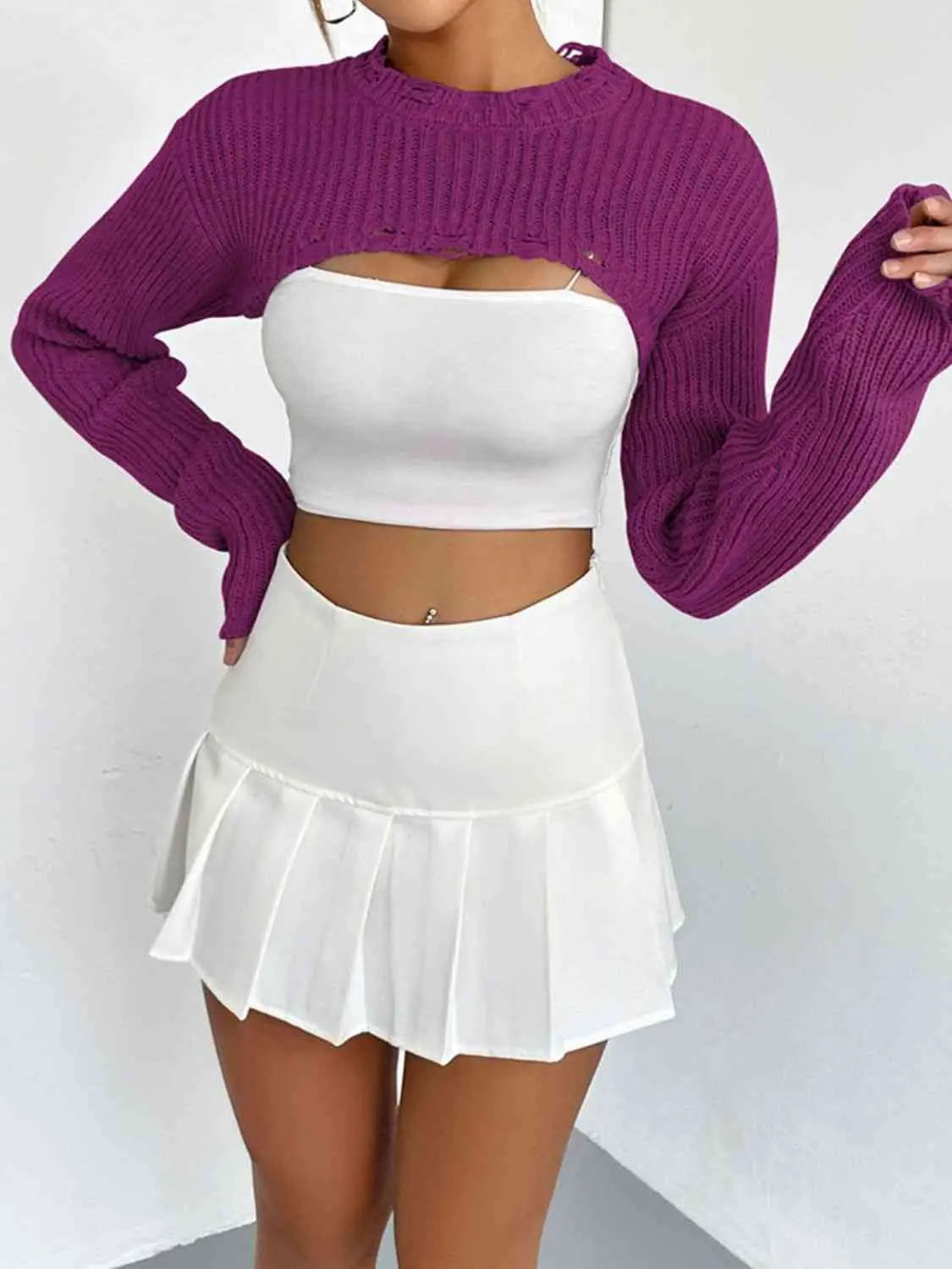 Distressed Long Sleeve Cropped Sweater Trendsi