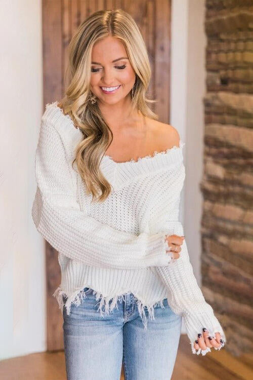 Frayed Hem Dropped Shoulder Sweater Bazaarbey