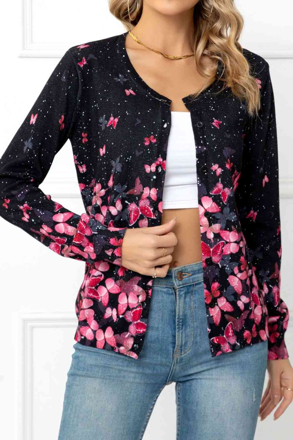  Floral Button Front Round Neck Cardigan Trendsi