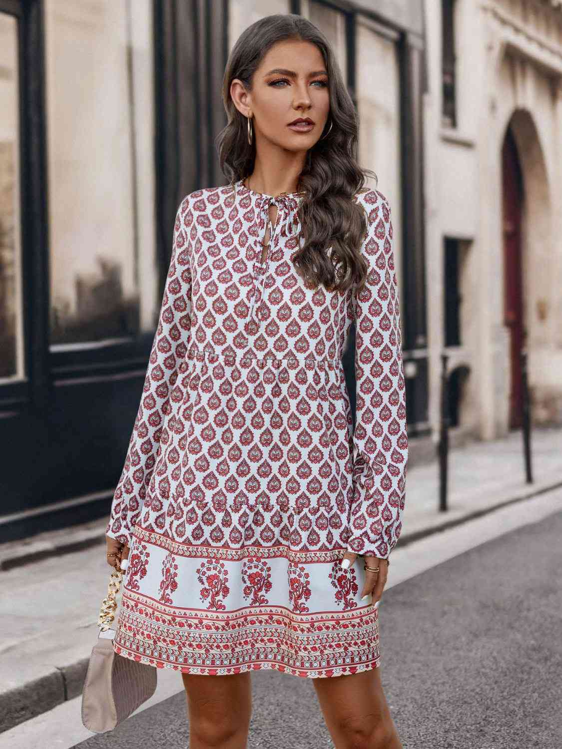 Printed Tie Neck Long Sleeve Dress -BazaarBey - www.shopbazaarbey.com