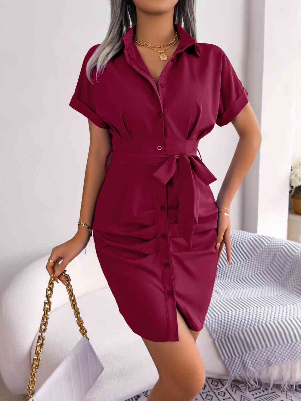 Button Down Ruched Tie Belt Dress -BazaarBey - www.shopbazaarbey.com