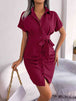 Button Down Ruched Tie Belt Dress -BazaarBey - www.shopbazaarbey.com