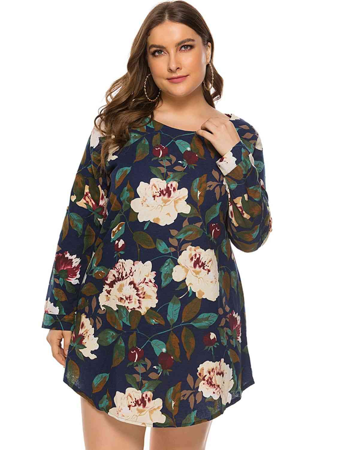 Full Size Floral Long Sleeve Mini Dress -BazaarBey - www.shopbazaarbey.com