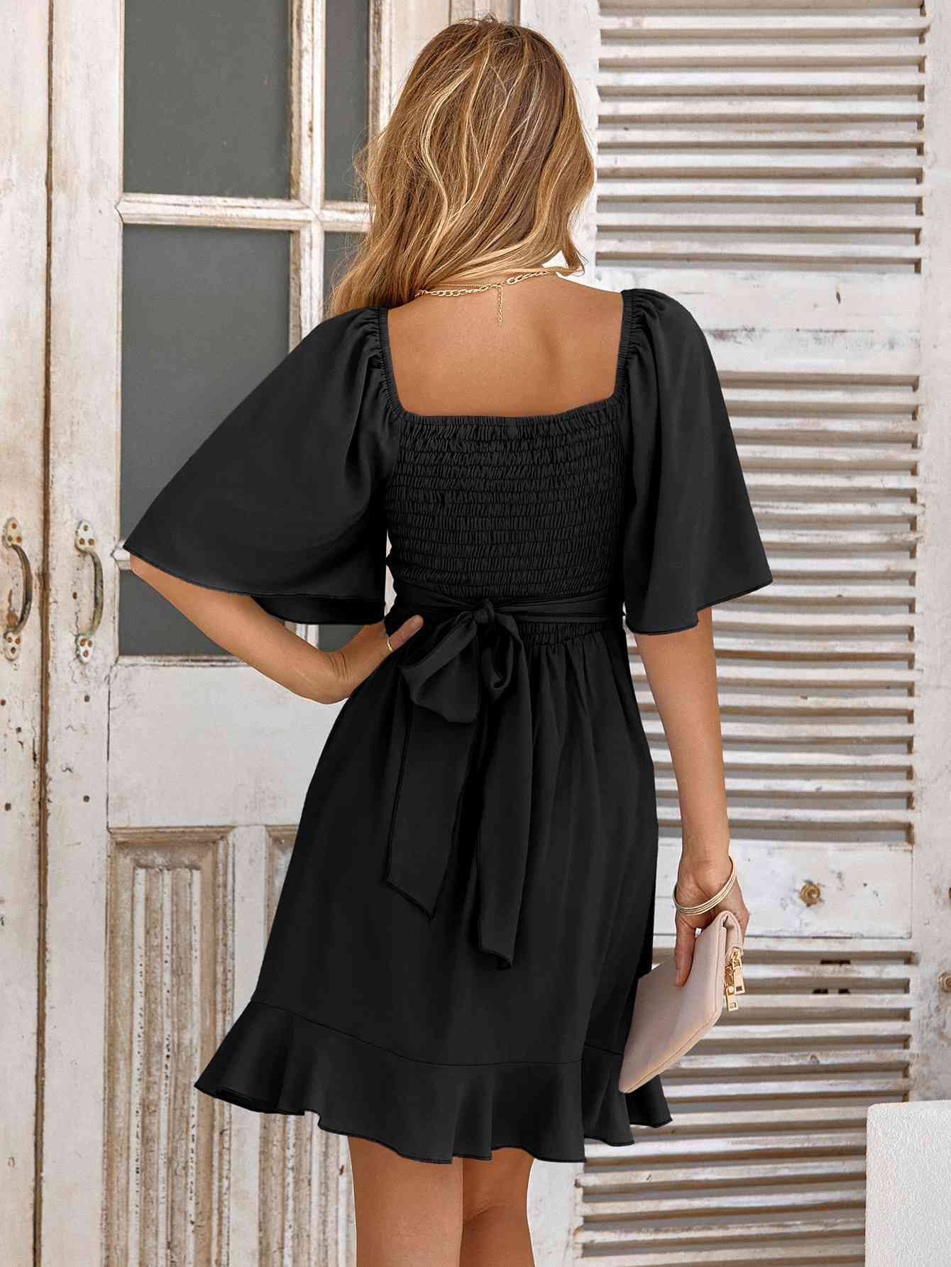 Smocked Tie Back Ruffle Hem Dress -BazaarBey - www.shopbazaarbey.com