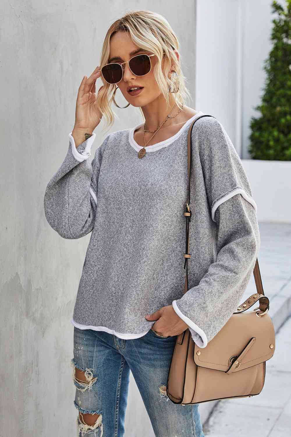 Round Neck Dropped Shoulder Sweater Bazaarbey