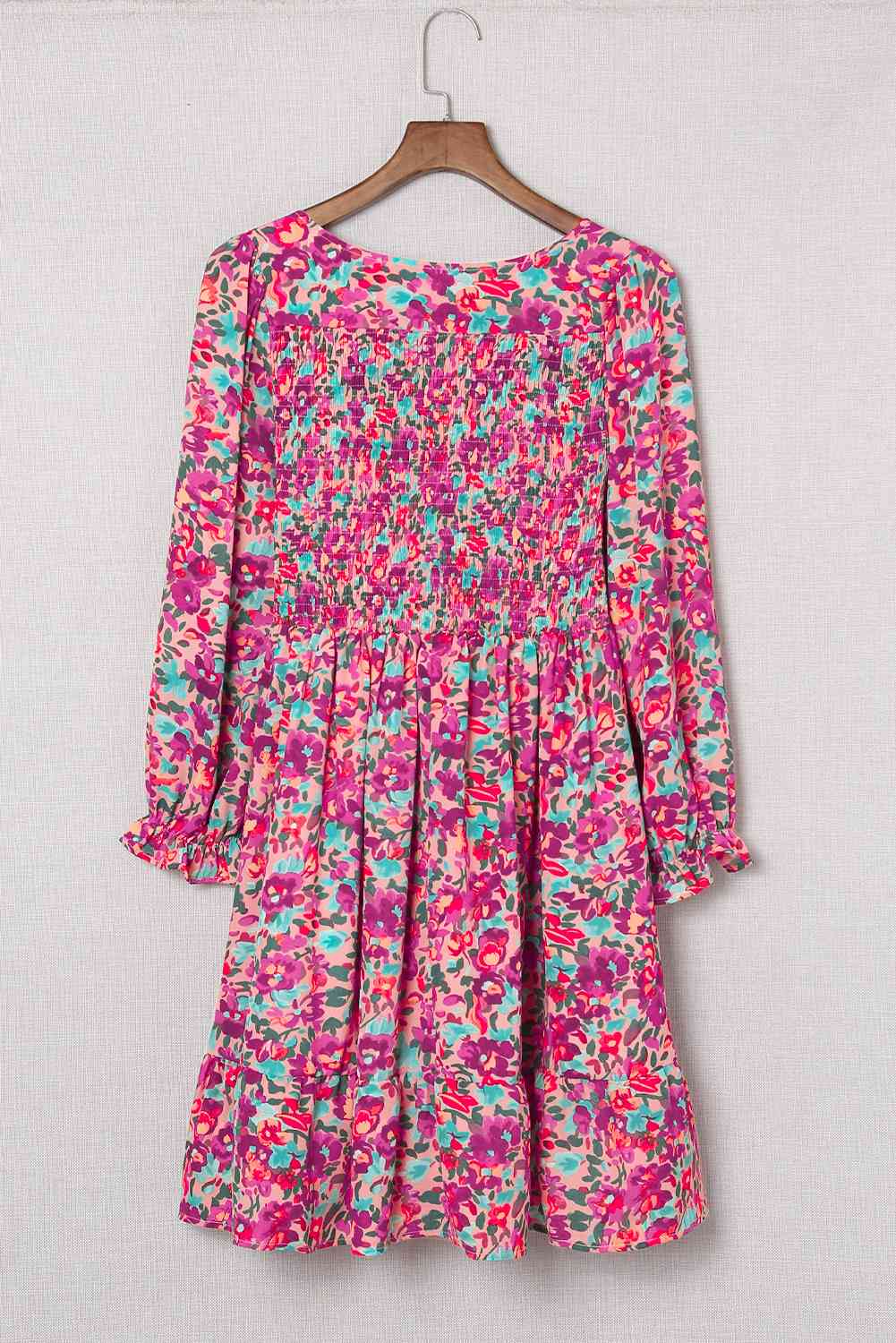 Floral Smocked V-Neck Flounce Sleeve Dress -BazaarBey - www.shopbazaarbey.com