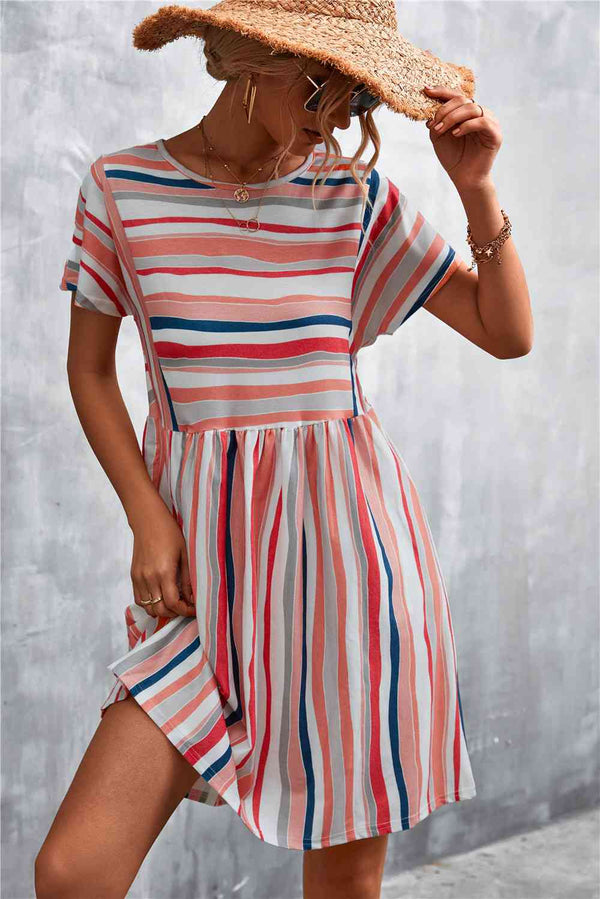 Striped Round Neck Dress -BazaarBey - www.shopbazaarbey.com