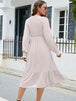 V-Neck Smocked Lantern Sleeve Ruffle Hem Dress -BazaarBey - www.shopbazaarbey.com