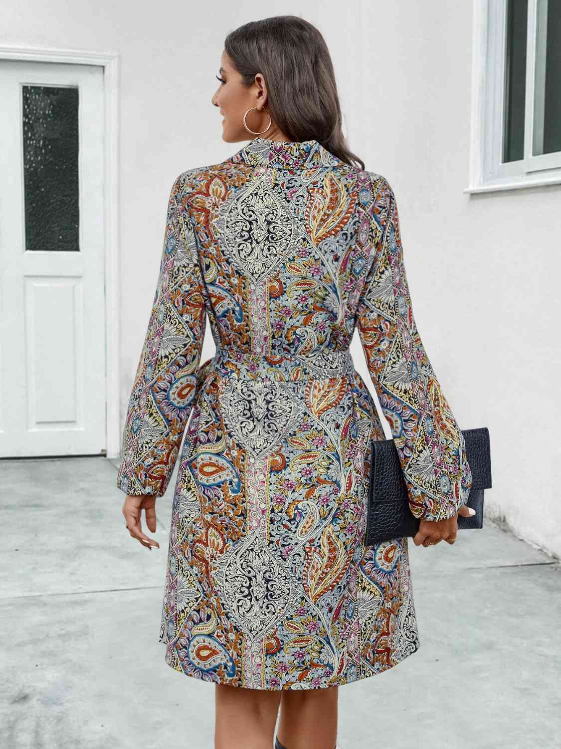 Printed Collared Neck Long Sleeve Dress -BazaarBey - www.shopbazaarbey.com