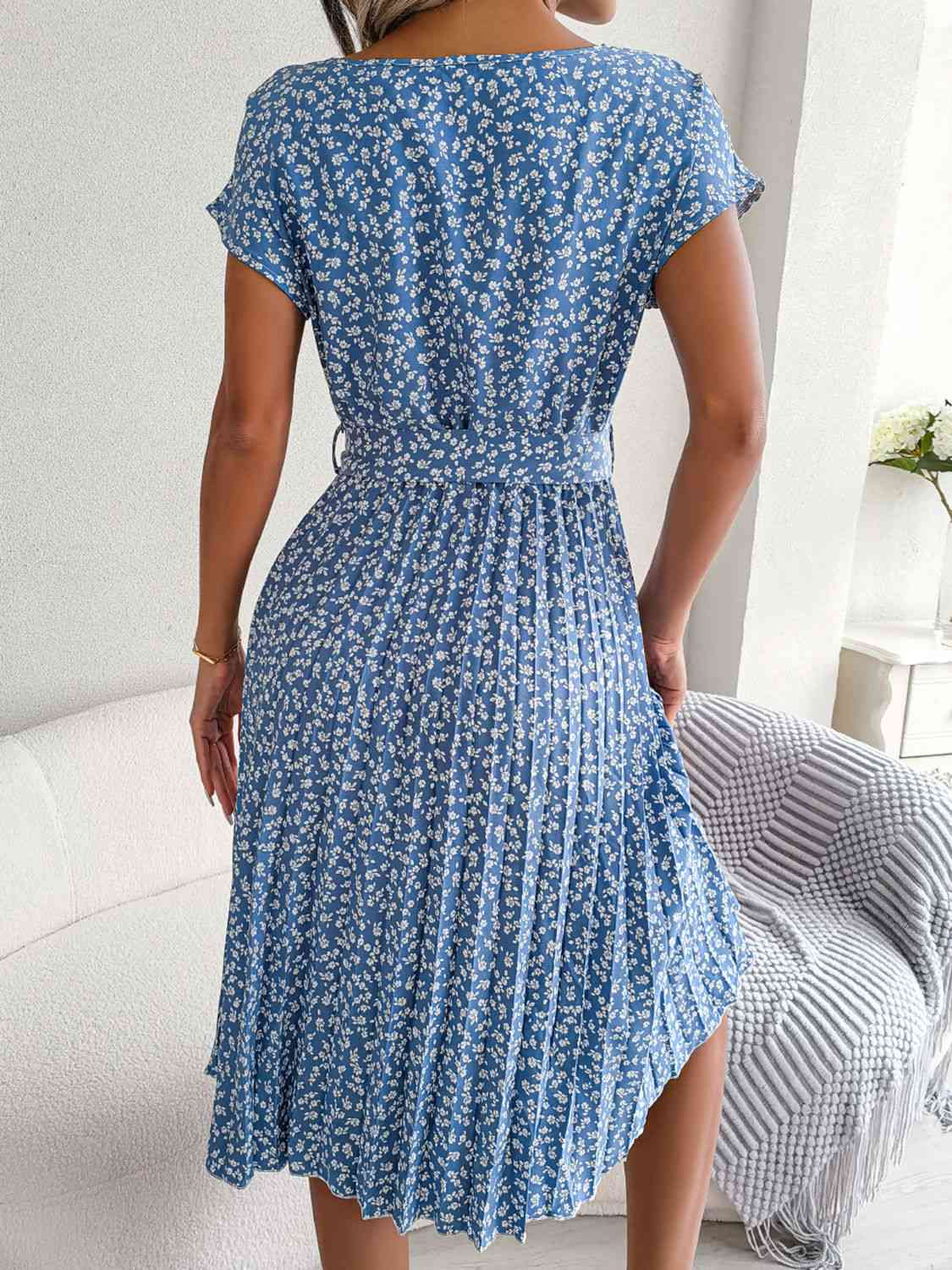  Floral Pleated Belted Dress -BazaarBey - www.shopbazaarbey.com