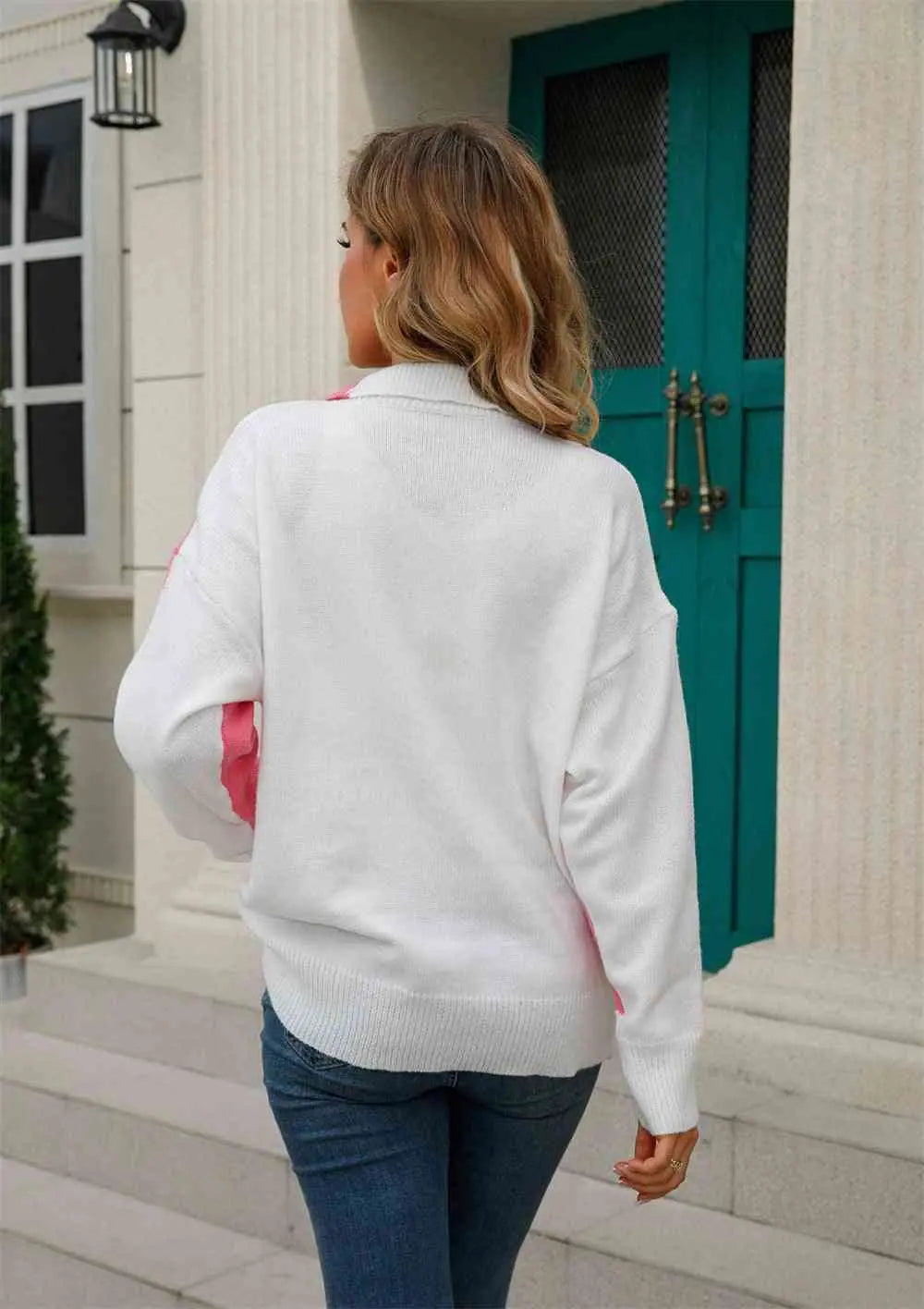 Two-Tone Collared Neck Dropped Shoulder Knit Top Trendsi