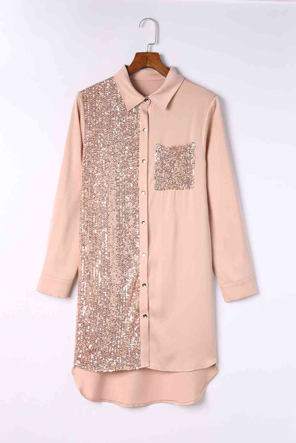 Sequin Button Front High-Low Shirt Dress -BazaarBey - www.shopbazaarbey.com