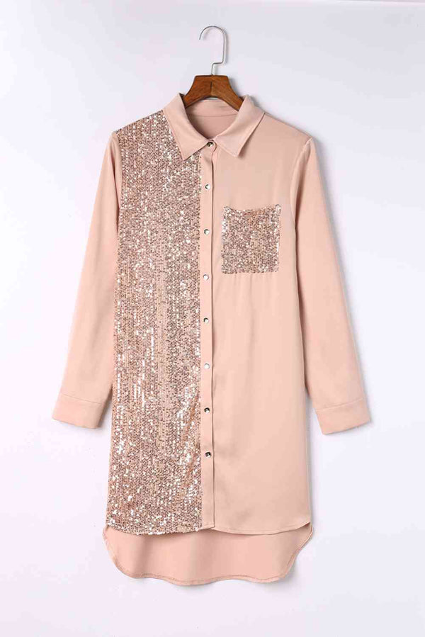 Sequin Button Front High-Low Shirt Dress -BazaarBey - www.shopbazaarbey.com