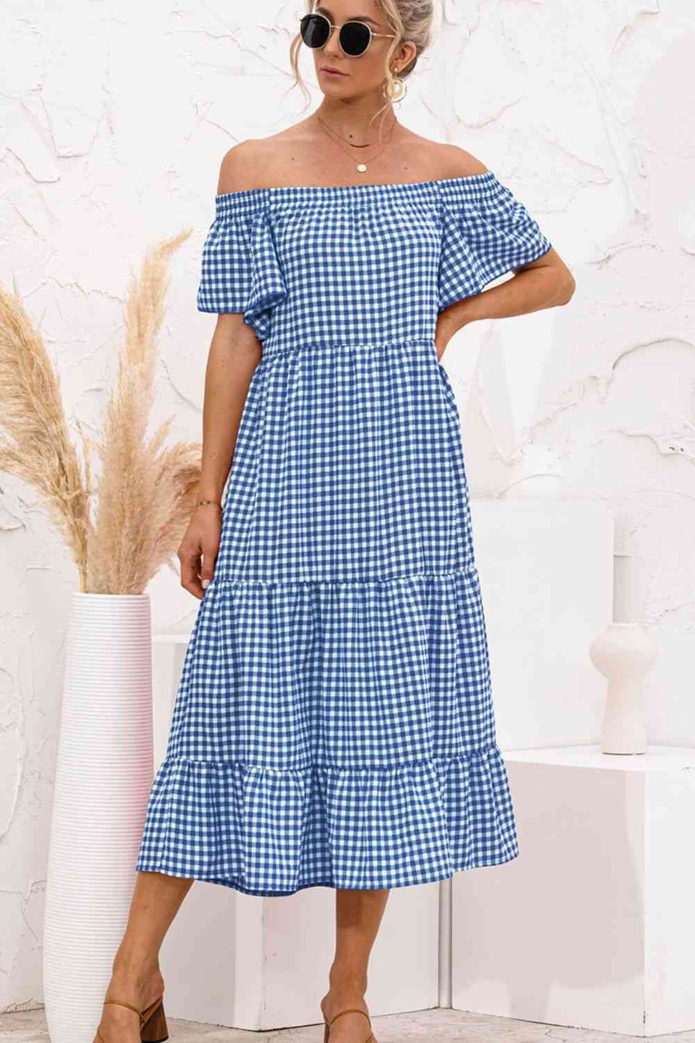 Plaid Off-Shoulder Tiered Midi Dress -BazaarBey - www.shopbazaarbey.com