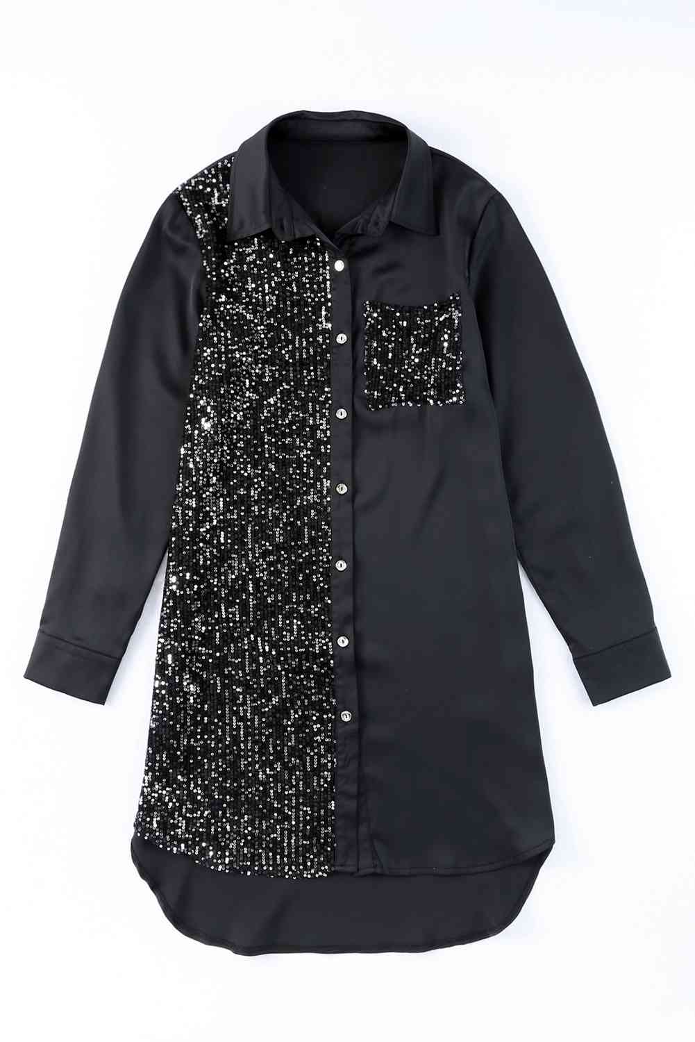 Sequin Button Front High-Low Shirt Dress -BazaarBey - www.shopbazaarbey.com