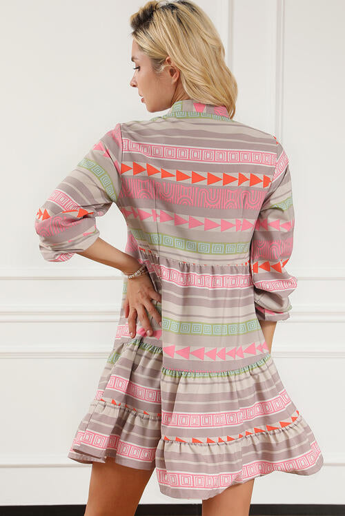 Tiered Notched Balloon Sleeve Buttoned Dress -BazaarBey - www.shopbazaarbey.com