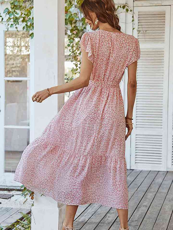Leopard  Neck Flutter Sleeve Dress -BazaarBey - www.shopbazaarbey.com