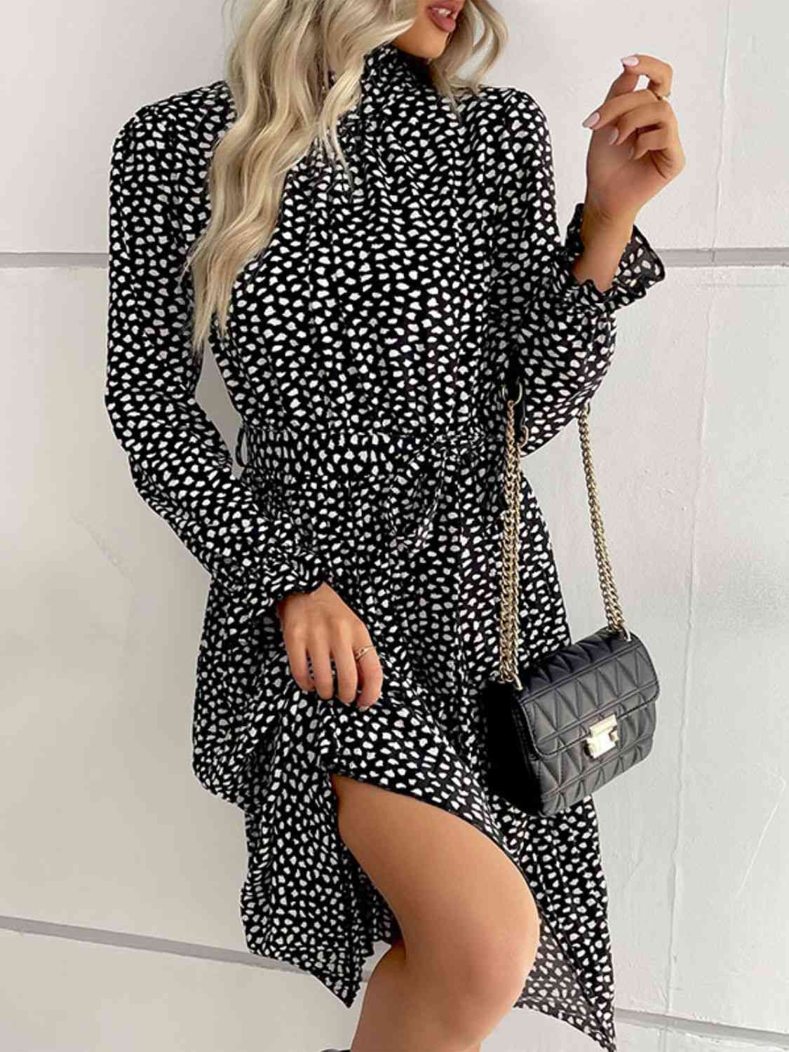 Printed Tie-Waist Flounce Sleeve Keyhole Midi Dress -BazaarBey - www.shopbazaarbey.com