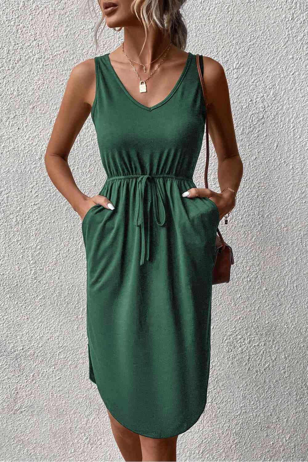 V-Neck Curved Hem Sleeveless Dress -BazaarBey - www.shopbazaarbey.com