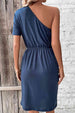 One-Shoulder Short Sleeve Knee-Length Dress -BazaarBey - www.shopbazaarbey.com