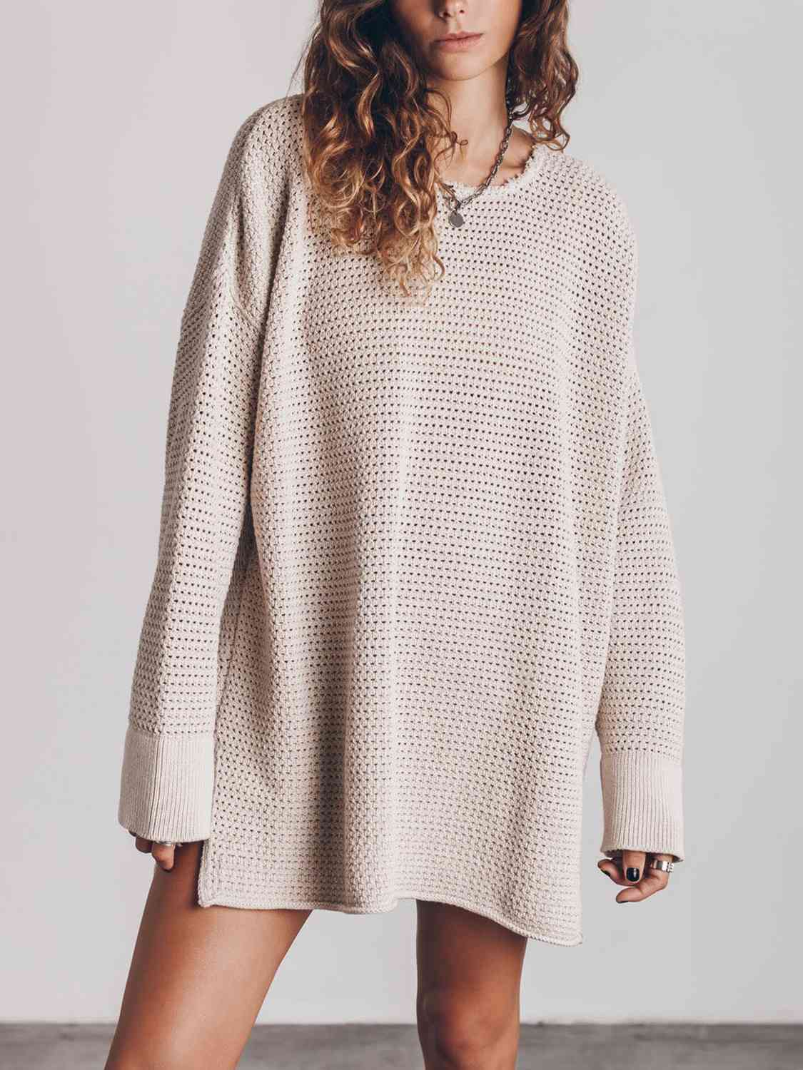 Openwork Round Neck Long Sleeve Slit Sweater Bazaarbey