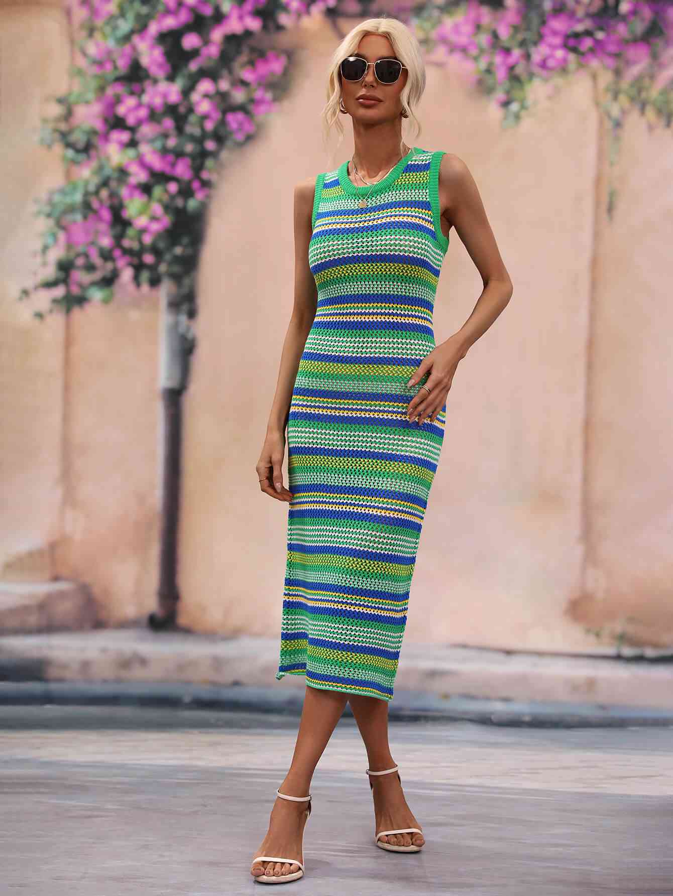 Striped Round Neck Sleeveless Midi Cover Up Dress Bazaarbey