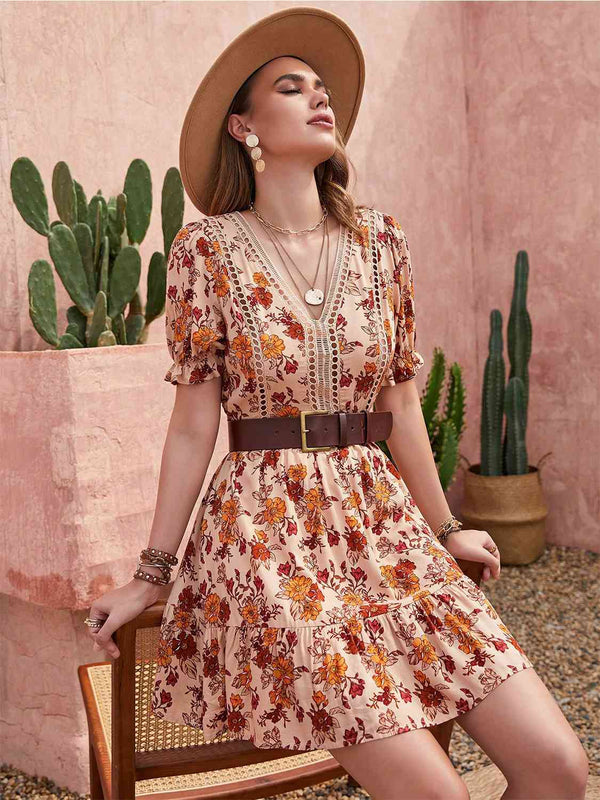 Floral V-Neck Flounce Sleeve Ruffle Hem Dress -BazaarBey - www.shopbazaarbey.com